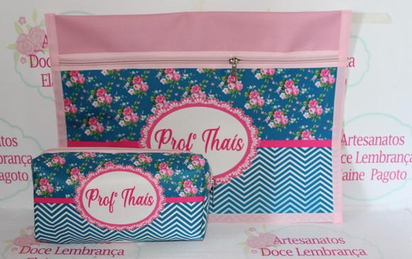 Kit Pasta Envelope e Estojo Floral Azul