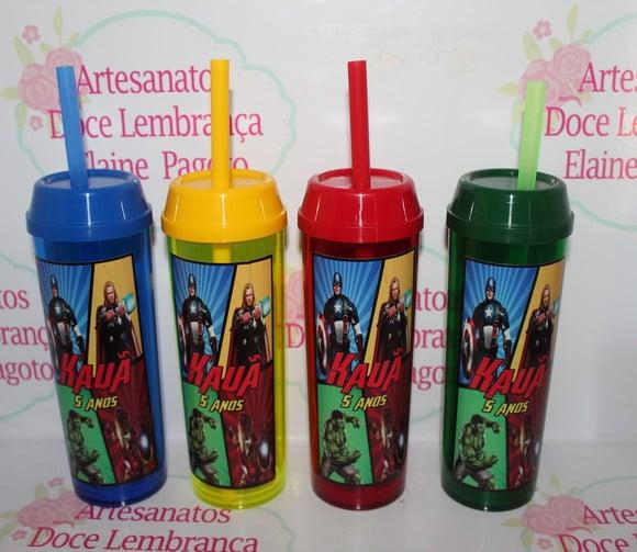 Copo Long Drink c/ Canudo e Tampa Os Vingadores