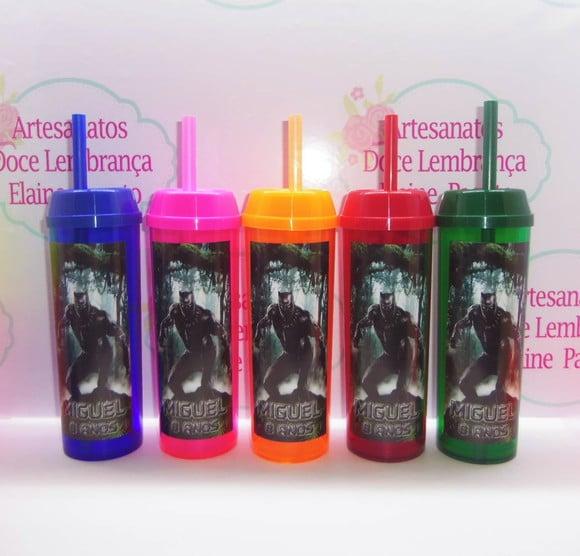 Copo Long Drink c/ Canudo e Tampa Pantera Negra