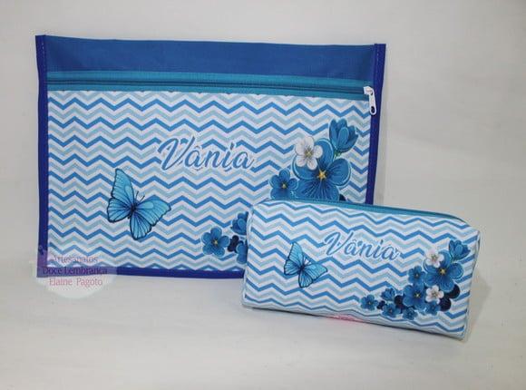 Kit Pasta Envelope e Estojo Floral Azul