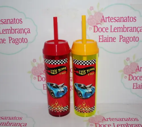 Copo Long Drink c/ Canudo e Tampa Hot Wheels