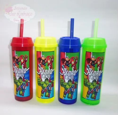 Copo Long Drink c/ Canudo e Tampa Os Vingadores