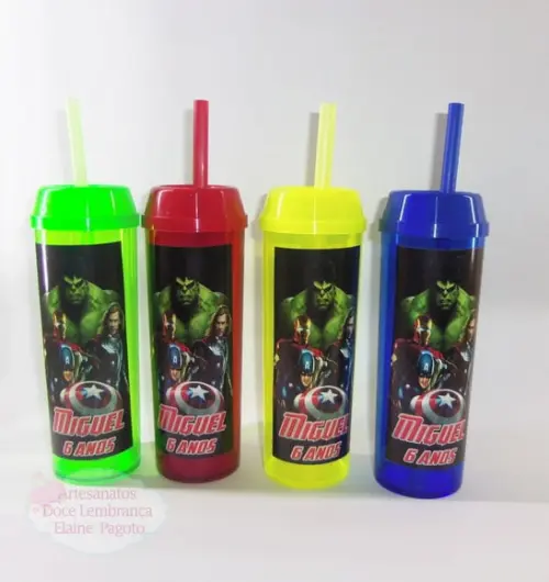 Copo Long Drink c/ Canudo e Tampa Os Vingadores