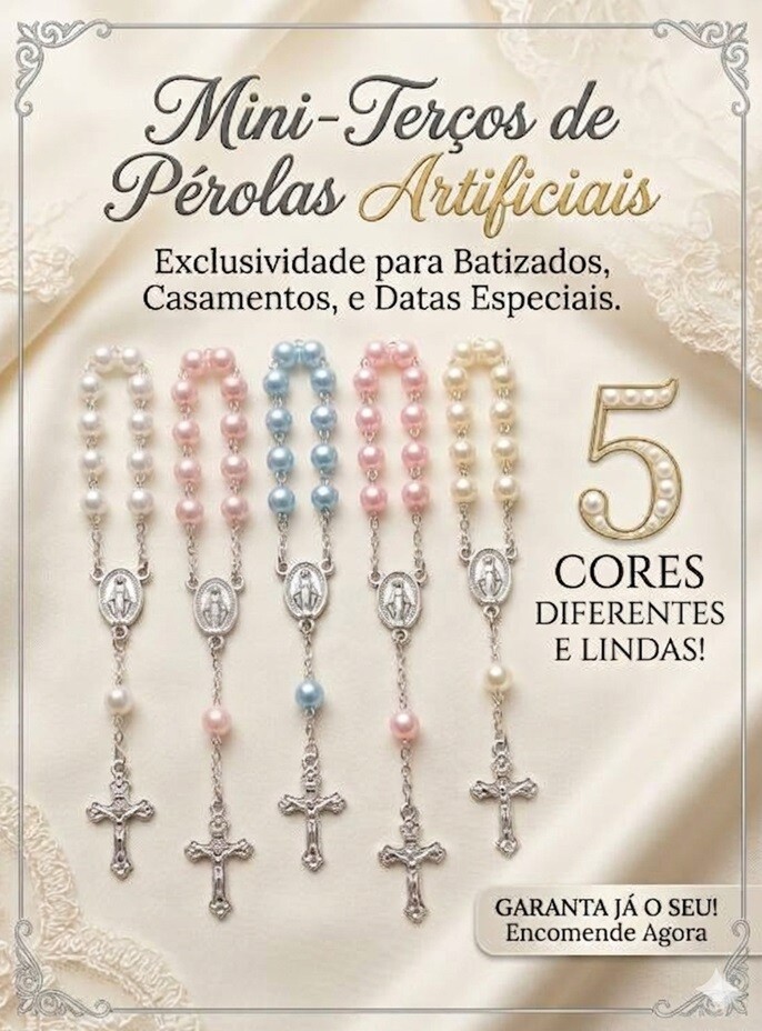 05 Mini Terços Perolados Lembrancinha Batizado Comunhão Casamen
