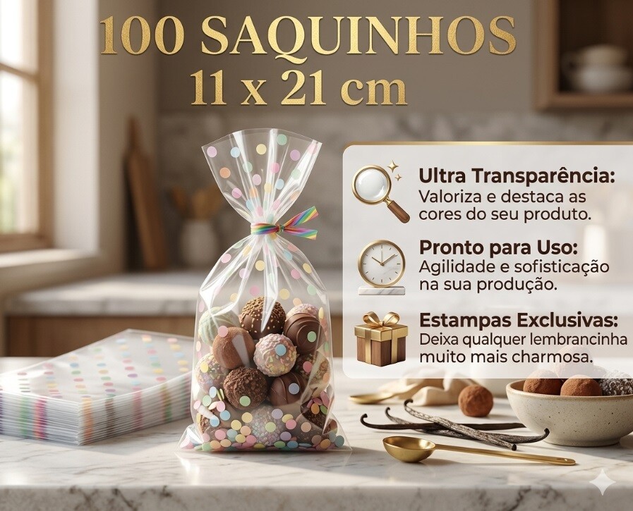100 Saquinhos 11 Cm X 21 Cm Celofane Decorado Poli Embalagem