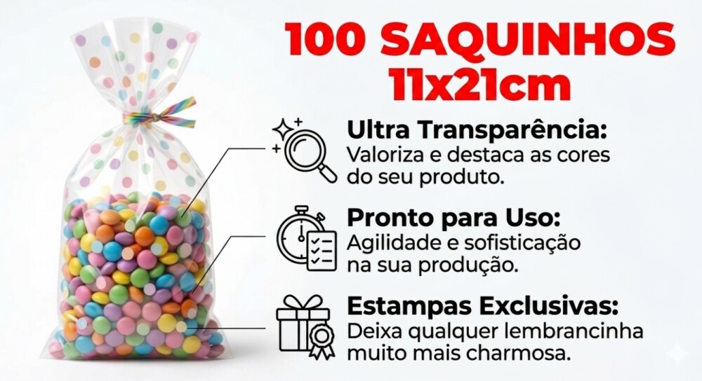 100 Saquinhos 11 Cm X 21 Cm Celofane Decorado Poli Embalagem