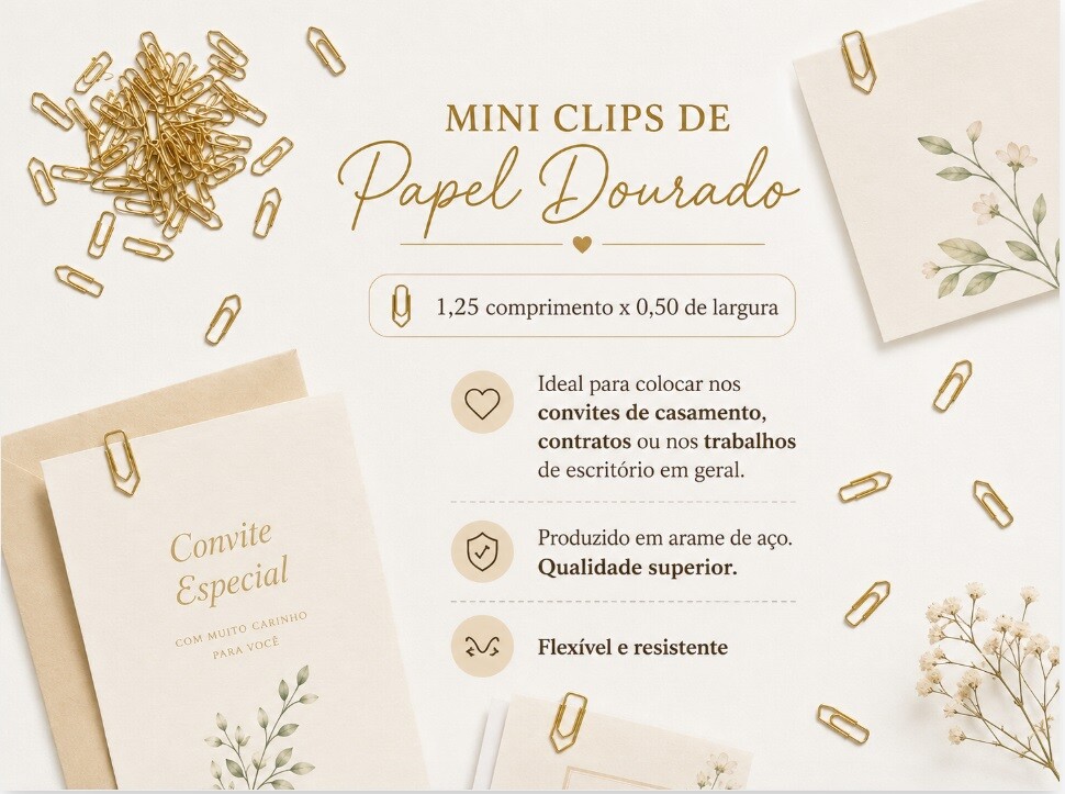 100 Mini Clipes Nr.5 Dourado Clips de Papel - Convite