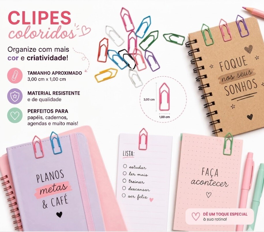 50 Clipes Nr.2/0 Coloridos Clip de papel