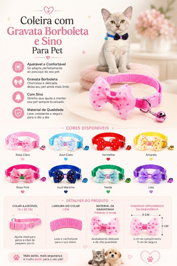 Coleira com Gravata Borboleta e Sino para Pet, Ajustável, Gatos 