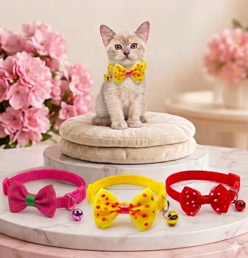 Coleira com Gravata Borboleta e Sino para Pet, Ajustável, Gatos 