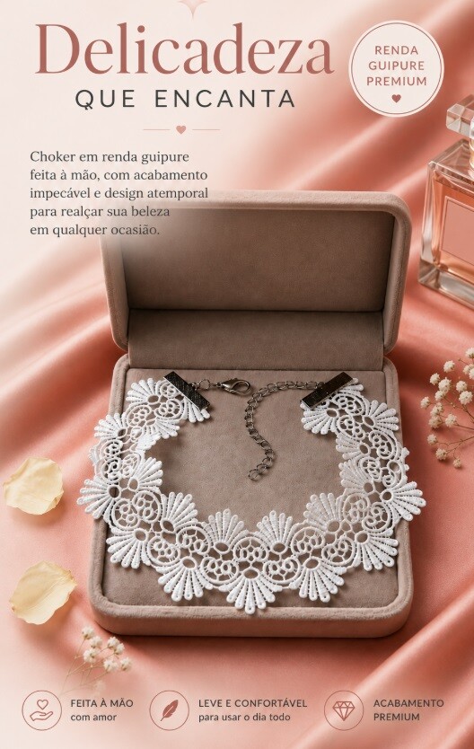 Gargantilha Branca Choker Renda Guipure, Modelo 06