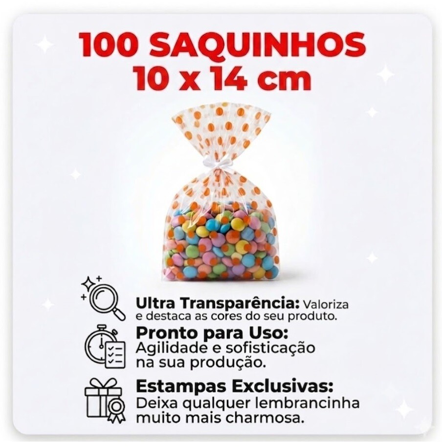 100 Saquinhos 10 Cm X 14 Cm Celofane Incolor Decorado Poli