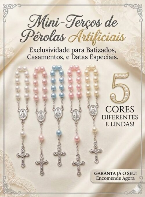 05 Mini Terços Perolados Lembrancinha Batizado Comunhão Casamento