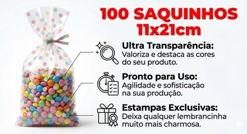 100 Saquinhos 11 Cm X 21 Cm Celofane Decorado Poli Embalagem