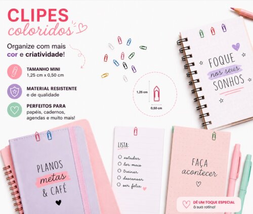 100 Mini Clipes Nr.5/0 Coloridos Clips de papel - Cores Sortidas