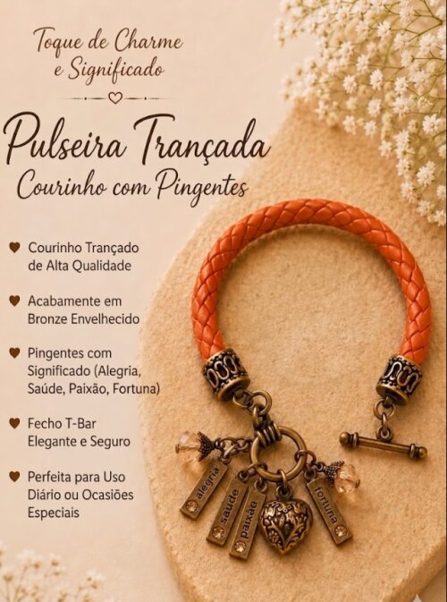 Pulseira Trançada Sentimentos, Courinho Marrom, Pingentes Bronze Envelhecido