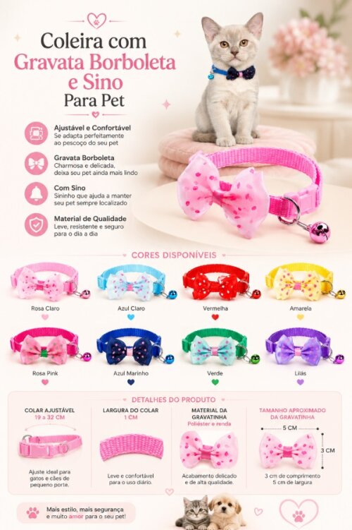 Coleira com Gravata Borboleta e Sino para Pet, Ajustável, Gatos 