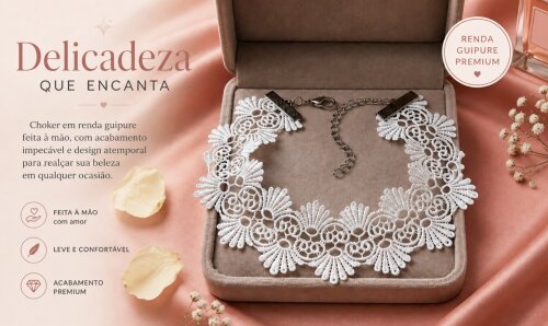 Gargantilha Branca Choker Renda Guipure, Modelo 06