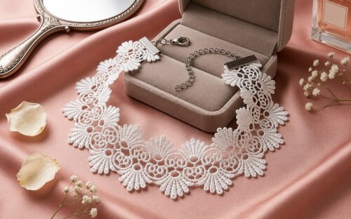Gargantilha Branca Choker Renda Guipure, Modelo 06