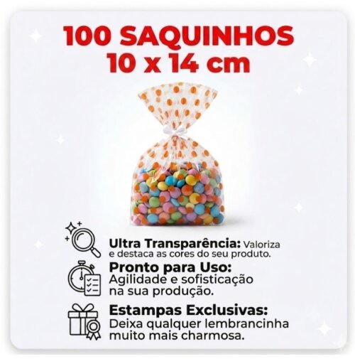 100 Saquinhos 10 Cm X 14 Cm Celofane Incolor Decorado Poli