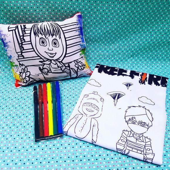 Almofada + Camiseta + Canetinha Personalizado para Colorir
