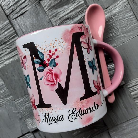 Caneca com Colher Floral Personalizada com Inicial + Nome