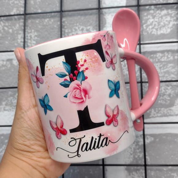 Caneca com Colher Floral Personalizada com Inicial + Nome