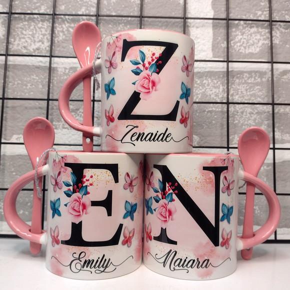 Caneca com Colher Floral Personalizada com Inicial + Nome