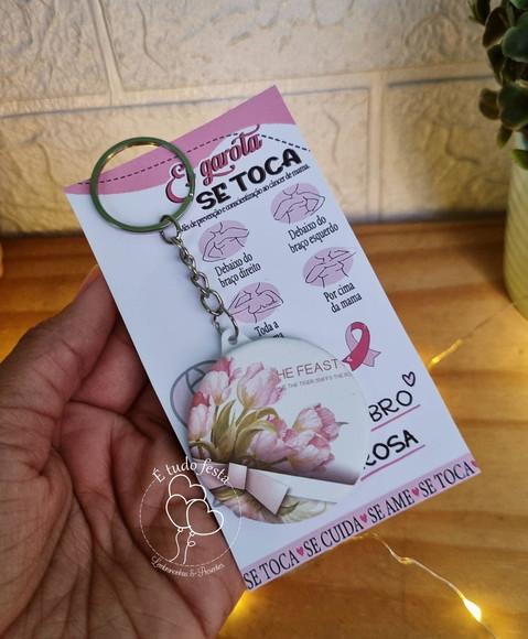 Chaveiro Espelho com Tag Personalizada para Outubro Rosa