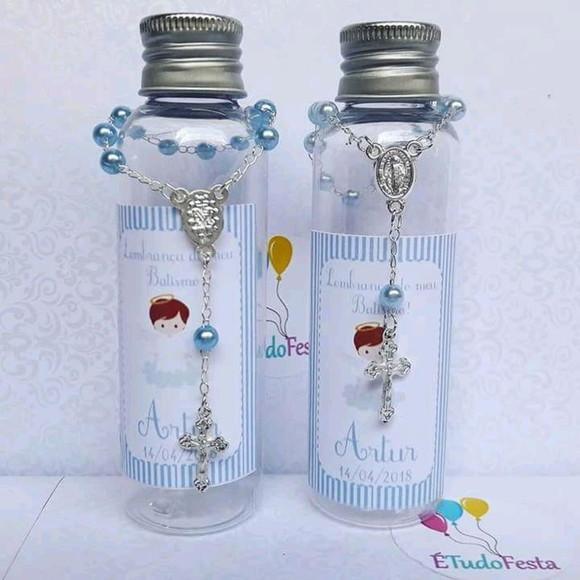 Lembrancinha de Batismo - Garrafinha Personalizada com Terço