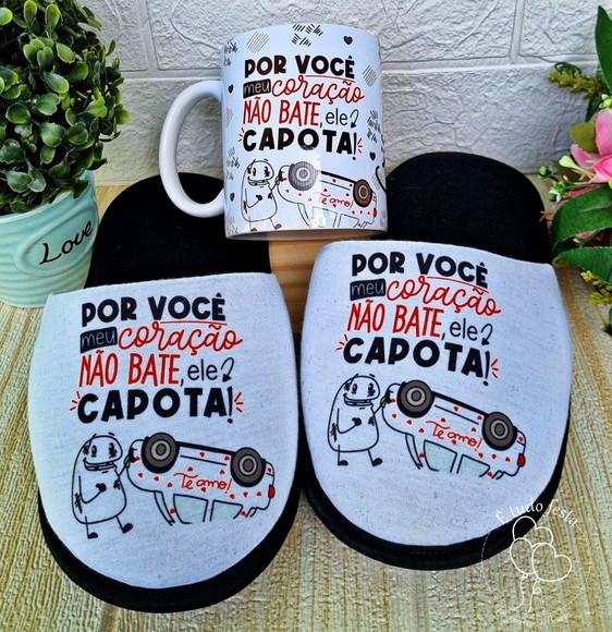 Pantufa + Caneca Personalizada com Tema Flork Romantico