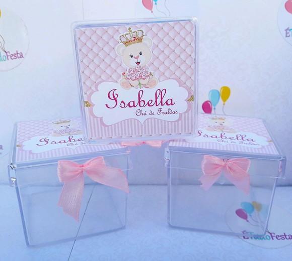 Caixinha acrílica personalizada Ursinha de coroa - Rosa