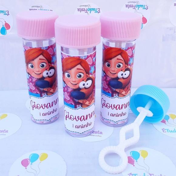 Frasco bolinha de sabão personalizado Lelê e Linguiça
