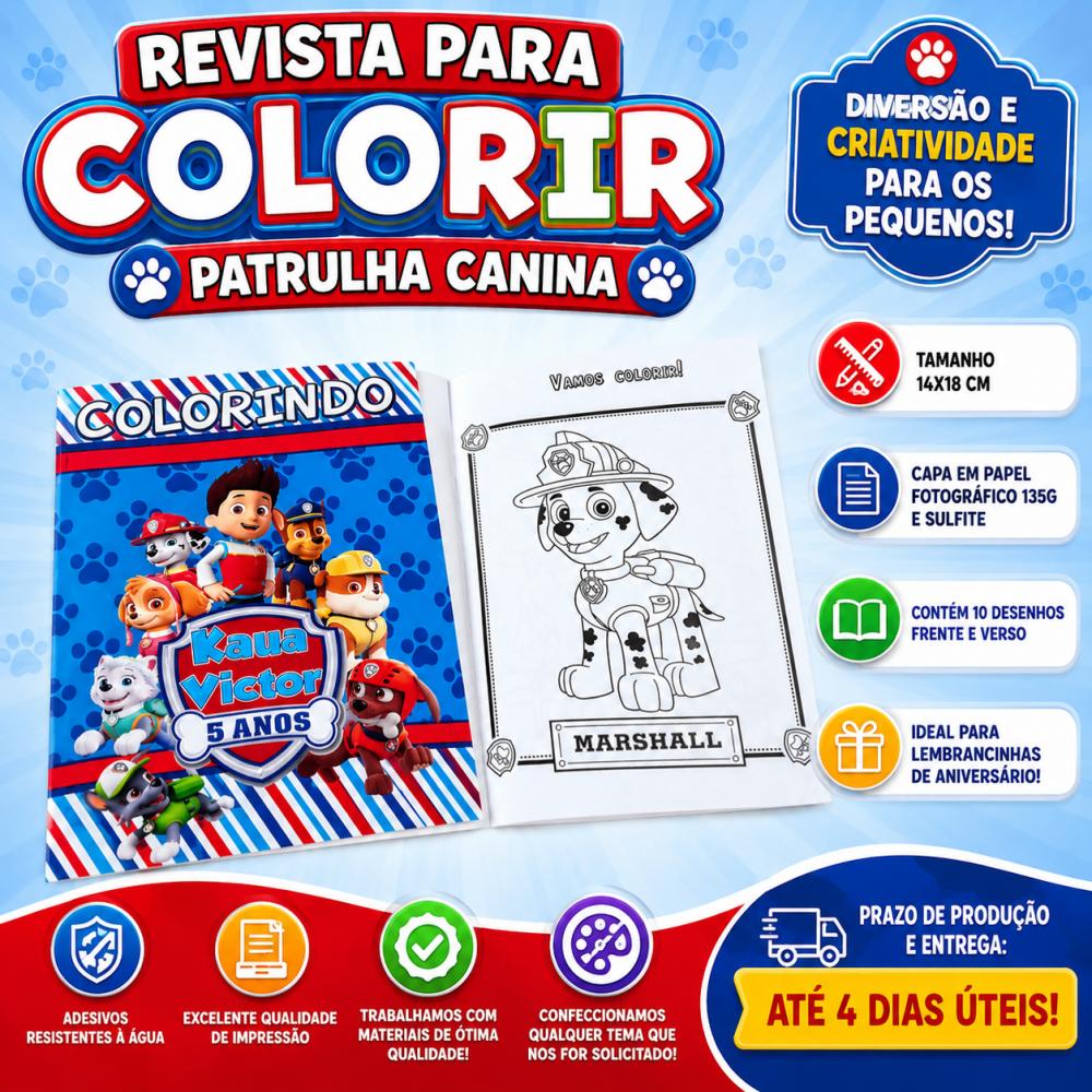 Revista para Colorir Patrulha Canina Personalizada com Nome e Ida