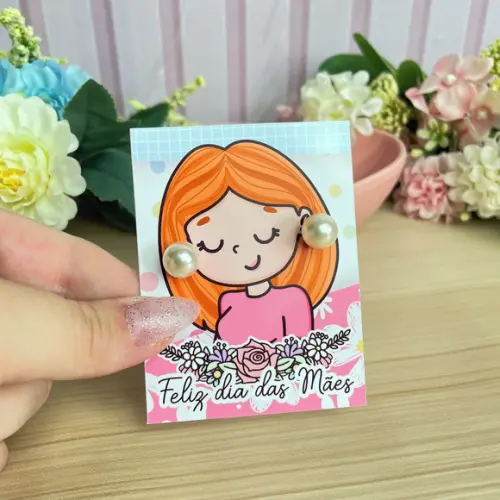 Brinco Pérola na Tag Personalizado - Dia da Mães