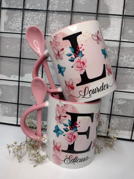 Caneca com Colher Floral Personalizada com Inicial + Nome