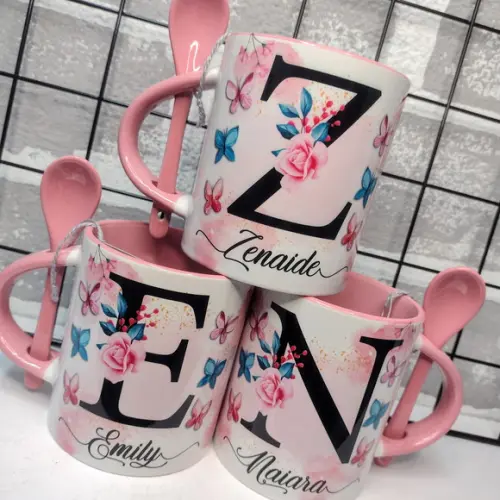Caneca com Colher Floral Personalizada com Inicial + Nome