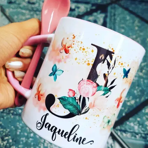 Caneca com Colher Floral Personalizada com Inicial + Nome