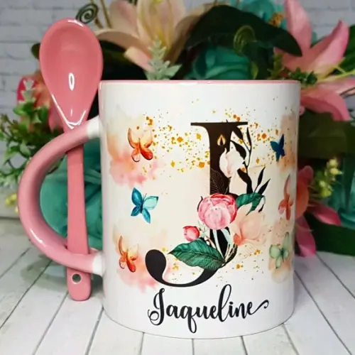 Caneca com Colher Floral Personalizada com Inicial + Nome