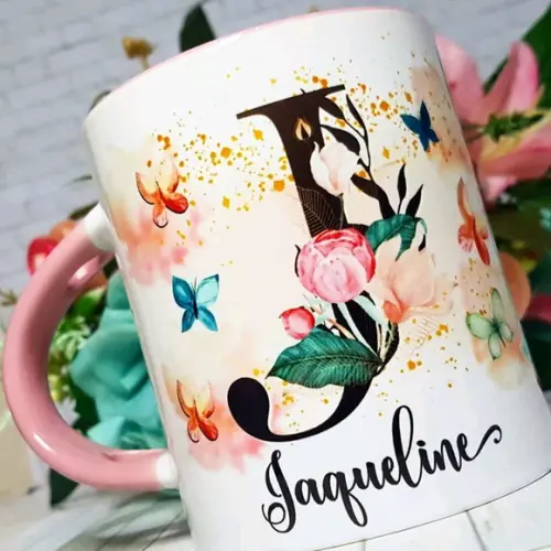 Caneca com Colher Floral Personalizada com Inicial + Nome