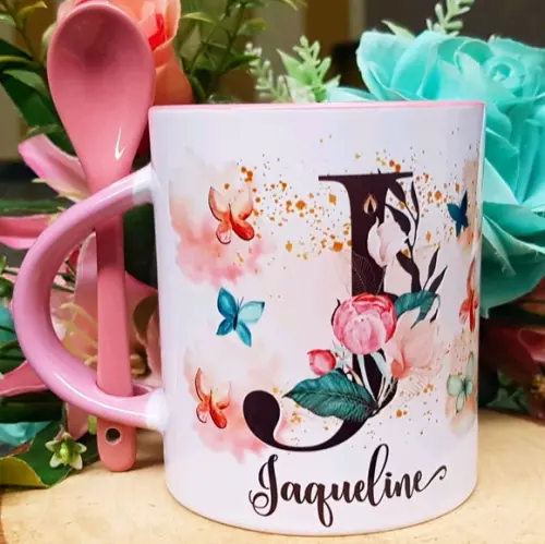 Caneca com Colher Floral Personalizada com Inicial + Nome