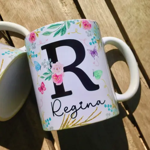 Caneca Floral Personalizada com Inicial + Nome