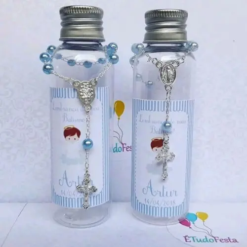 Lembrancinha de Batismo - Garrafinha Personalizada com Terço