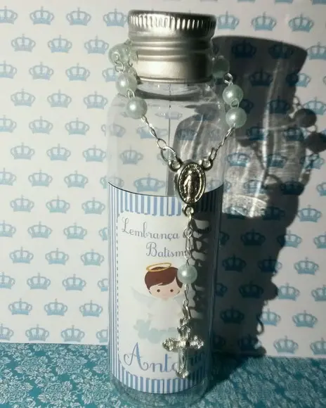 Lembrancinha de Batismo - Garrafinha Personalizada com Terço