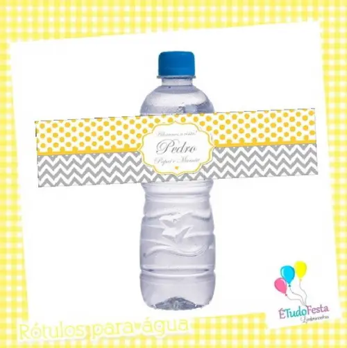 Rótulo Adesivo para Água 500 ml - Amarelo e Cinza Chevron