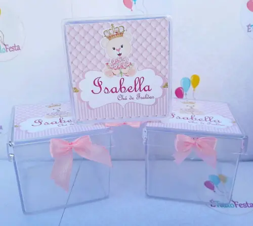 Caixinha acrílica personalizada Ursinha de coroa - Rosa