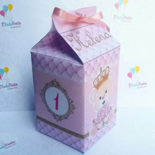 Caixinha de Milk personalizada Ursinha de coroa - Rosa