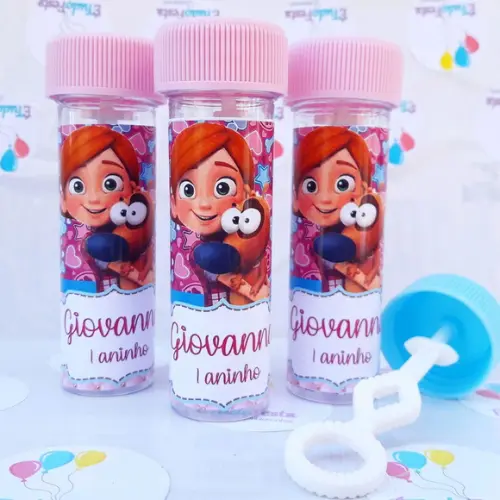 Frasco bolinha de sabão personalizado Lelê e Linguiça