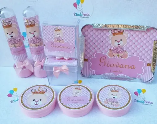 Kit festa infantil Ursinha de coroa Rosa