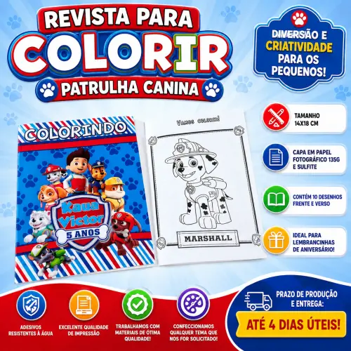 Revista para Colorir Patrulha Canina Personalizada com Nome e Ida